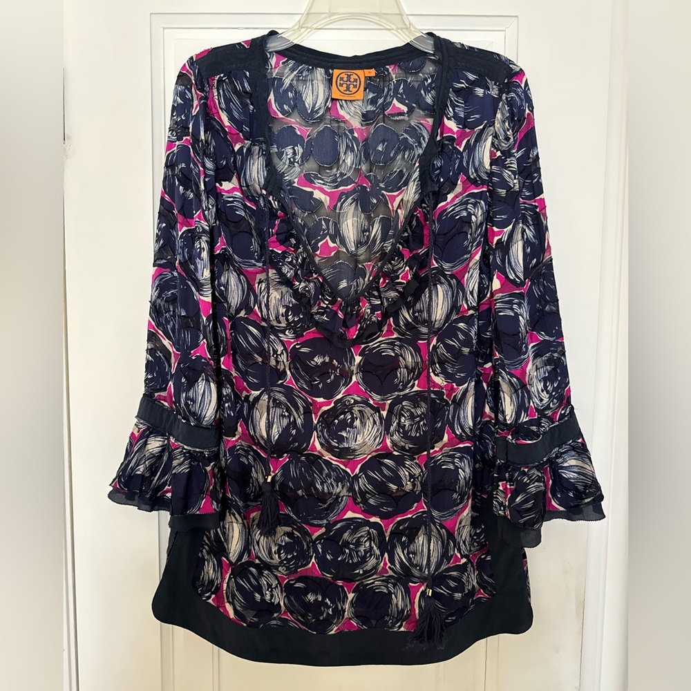 Tory Burch Navy Blue, Pink and White Ruffled Circle Patterned Tunic Top